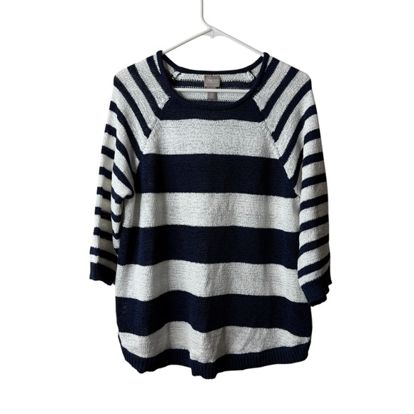 Chicos Navy Blue Striped Chunky Knit Pullover Sweater 3 - Picture 1 of 5